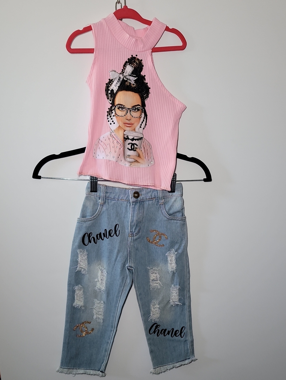 CHANEL Pink Graphic Ribbed Tank and Light Blue Distressed Jeans Kids Set